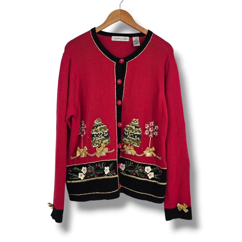 Victoria Jones Womens Red Christmas Tree Embroidered Cardigan Sweater Large 3518